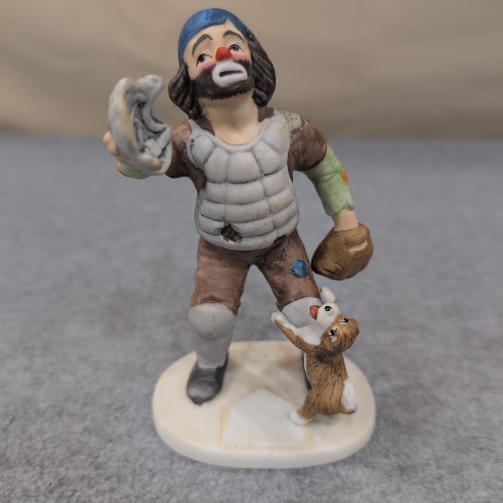 Emmett Kelly Collectibles Clown Baseball Catcher Figurine Flambro Figurine Puppy - Picture 2 of 8